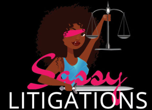 Company logo of a Black woman lady justice with natural hair peaking out of her blindfold